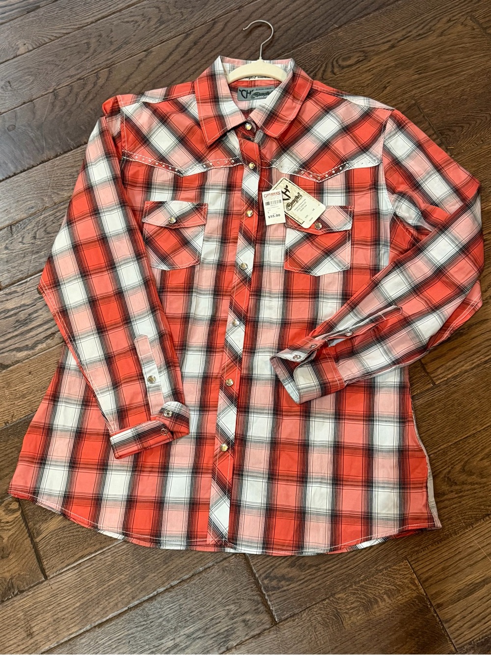 Cowgirl Hardware Women's Large- Western Plaid Pearl Snap Rhinestone Cross- NWT